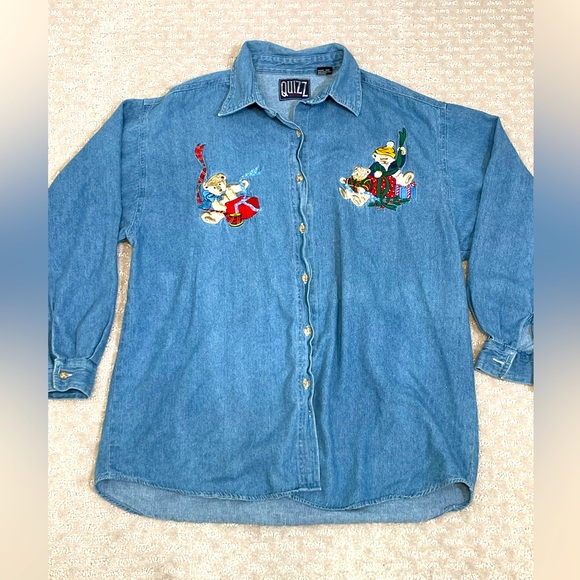 quizz Tops - Vtg Quizz Women's 90’s Chambray Christmas ￼ Embroidered ￼Teddy Bear Shirt Size L